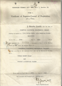 Certificate of registration Greenwood Electrical in 1927